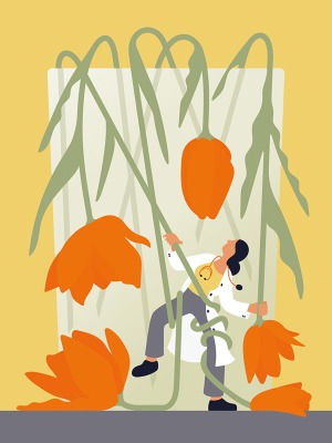 Illustration of a doctor in a white coat, wrapped in depleting stems of a wilting orange flower.